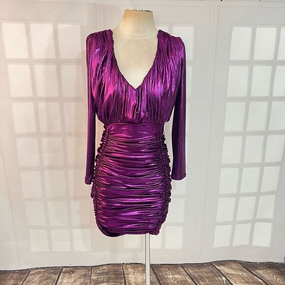 Express NWT Purple Metallic Ruched Long Sleeve Mini Bodycon Dress Size Small - Picture 4 of 12